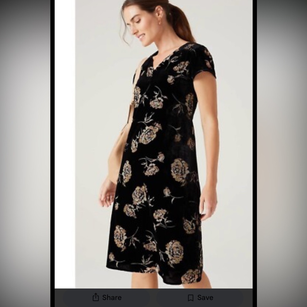 New J Jill Elements S Black Velvet Midi Dress with Gold pink Floral Burnout